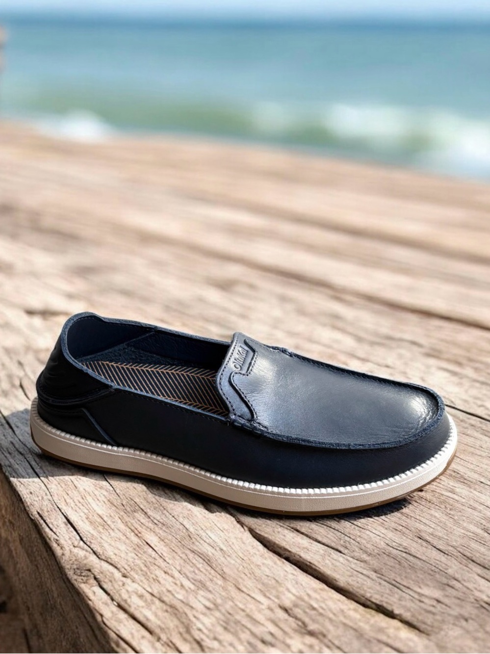 OluKai Kākaha Nia Men’s Navy Blue Leather Slip-On Shoes - Picture 14 of 16